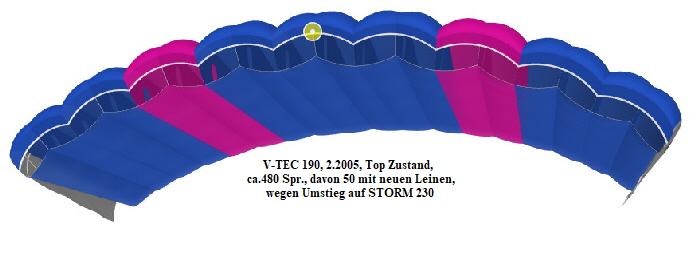 V-TEC 190, 2.2005, Top Zustand, 
ca.480 Spr., davon 50 mit neuen Leinen,
wegen Umstieg auf STORM 230